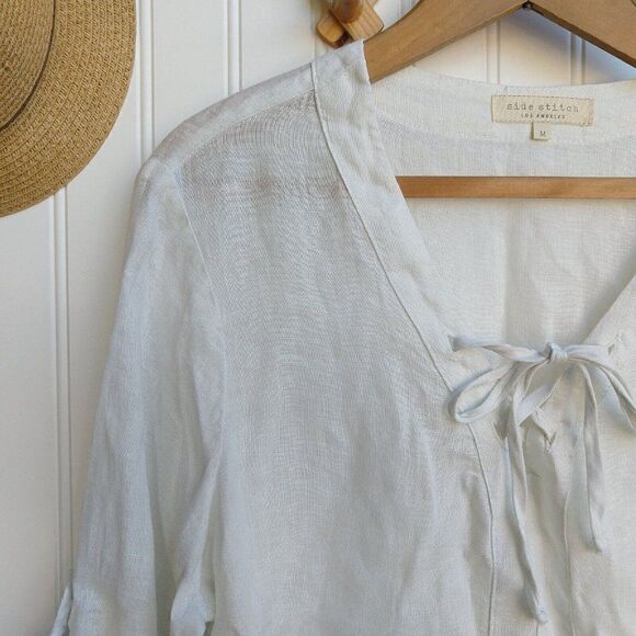 Side Stitch White Linen lace Up Top Size M Roll Tab Sleeves Lagenlook Blouse - Picture 2 of 8